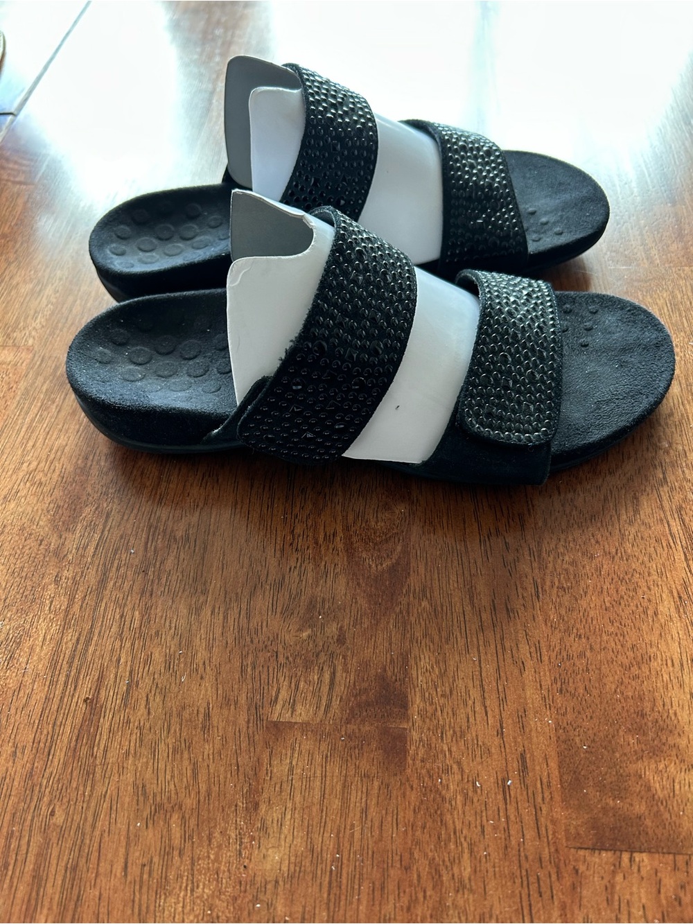Vionic Black Double-Strap Rhinestone Slide Sandals - Picture 2 of 4